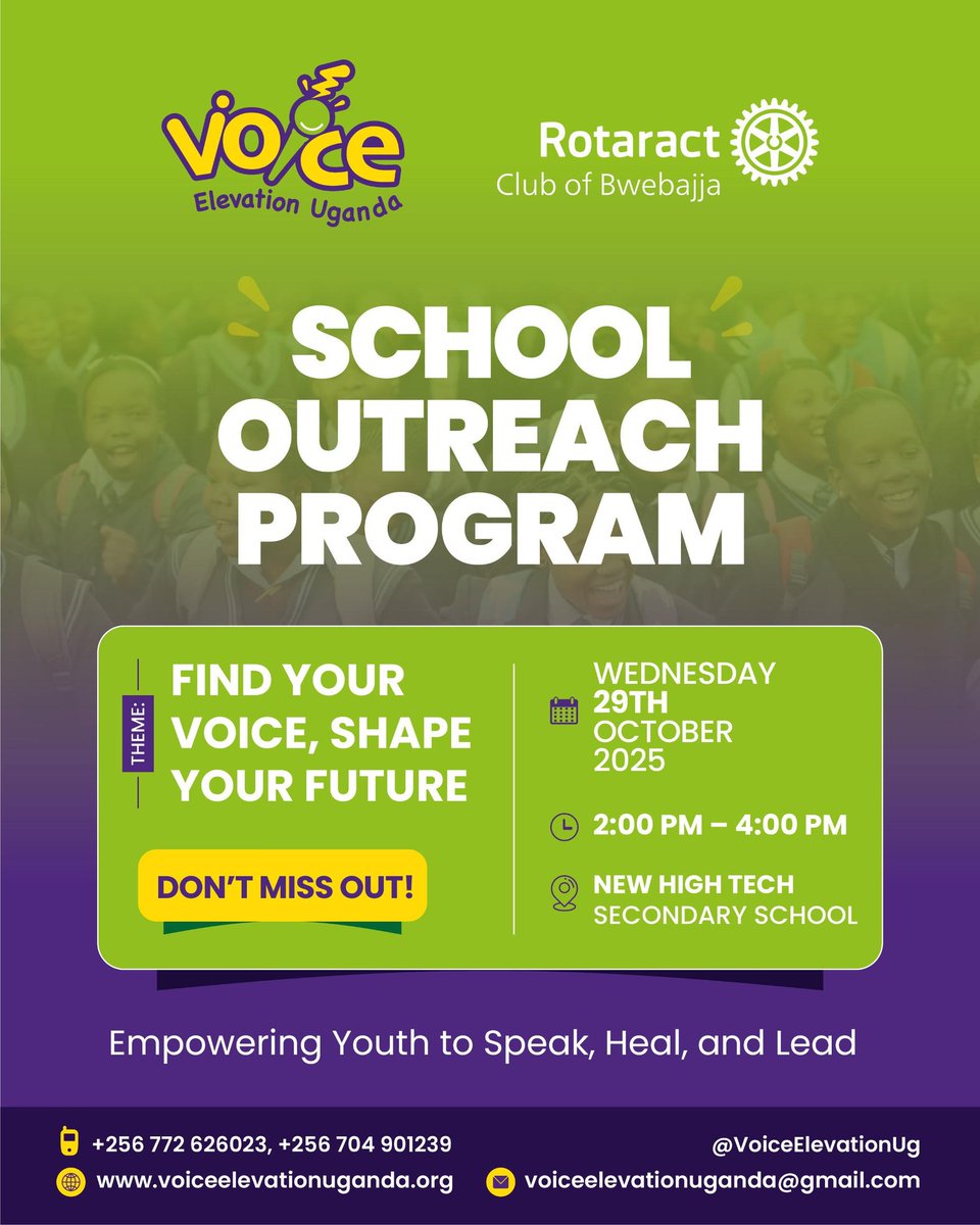 RAC_Bwebajja's tweet photo. In Partnership with Voice Elevation Uganda, we are holding an outreach session today at New High Tech Secondary School from 2:00– 4:00PM! 🎓💬 engaging students in powerful discussions on understanding mental health, drug abuse prevention, and finding their voice. 💭✨ https://t.co/TnDEgT5Bnc