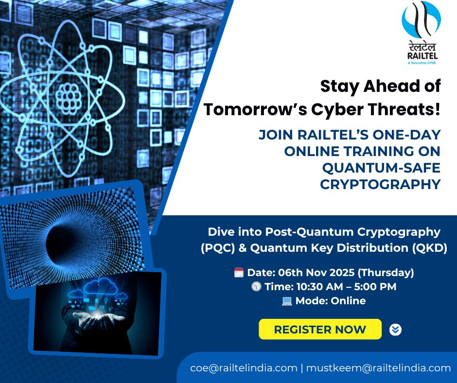 Don’t miss this future-ready opportunity! 
#QuantumSafe #CyberSecurity #RailTel #PQC #QKD #DigitalSecurity #SmartInfrastructure #RailTel #RailWire #CMDRailTel