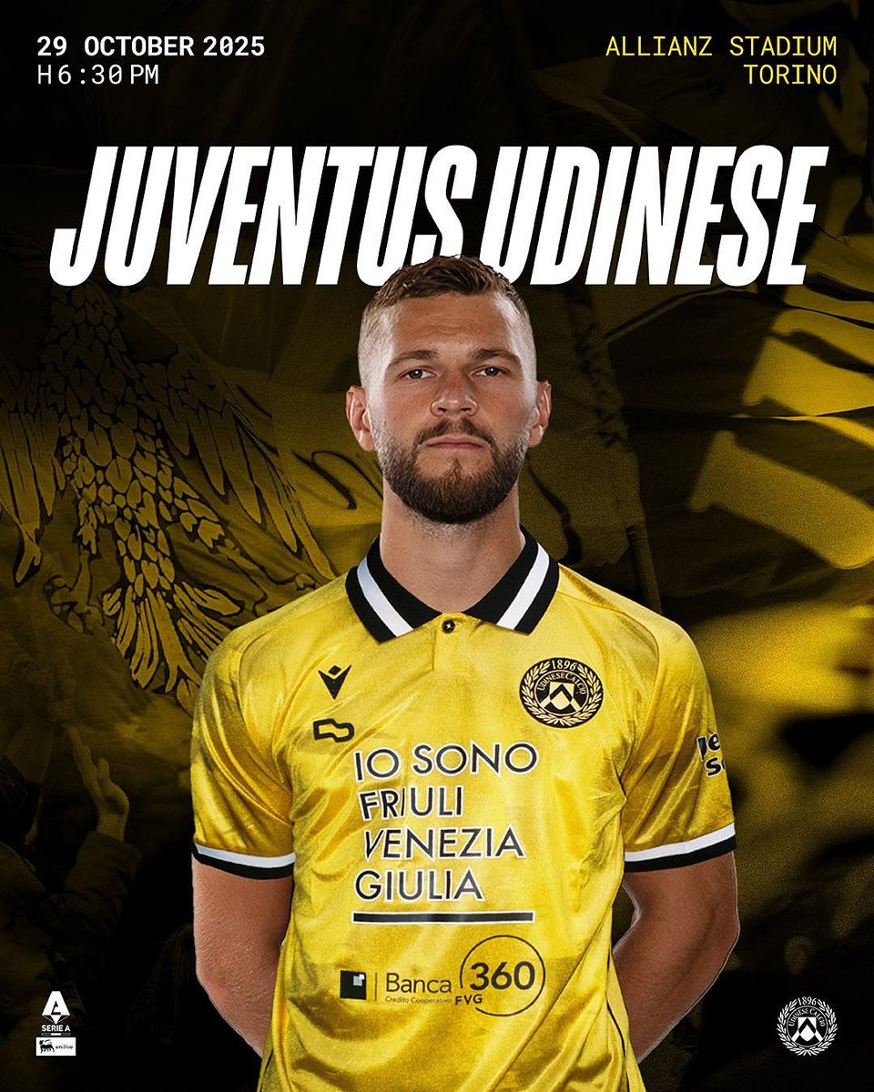 MATCHDAY 🙌

🗓️ mercoledì 29 ottobre 2025
⏰ 18:30 CET
🏟️ Allianz Stadium
🏆#SerieAEnilive 
📲 #JuveUdinese 

Come on, lads! 💪 

⚪️⚫️ #ForzaUdinese #AlèUdin #Udinese