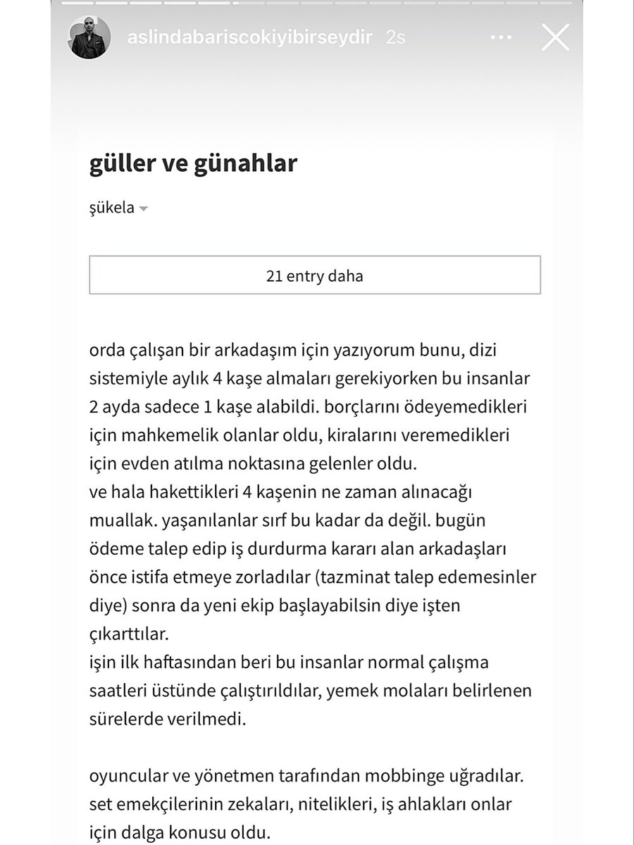 ve setten bi çalışanın yazısı.. sırf ekran önünde değil de arkasında emek harcıyor diye insanlardan kendi kazancını kaçıramazsınız?? parayı verecek yapımcı da mobbing eden oyuncu ve yönetmen de gerekli muameleyi almalı.