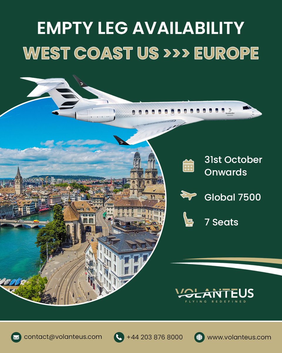 volanteus's tweet image. Empty leg to Europe, anyone? 🛩️

From the US West Coast | Global 7500 | 7 Seats | 31st October onwards.

Enquire now:
📞 +44 (0) 203 876 8000
✉️ fly@volanteus.com
🌐 volanteus.com/request-quote

#emptyleg #emptylegflight #privatejet #privatecharter