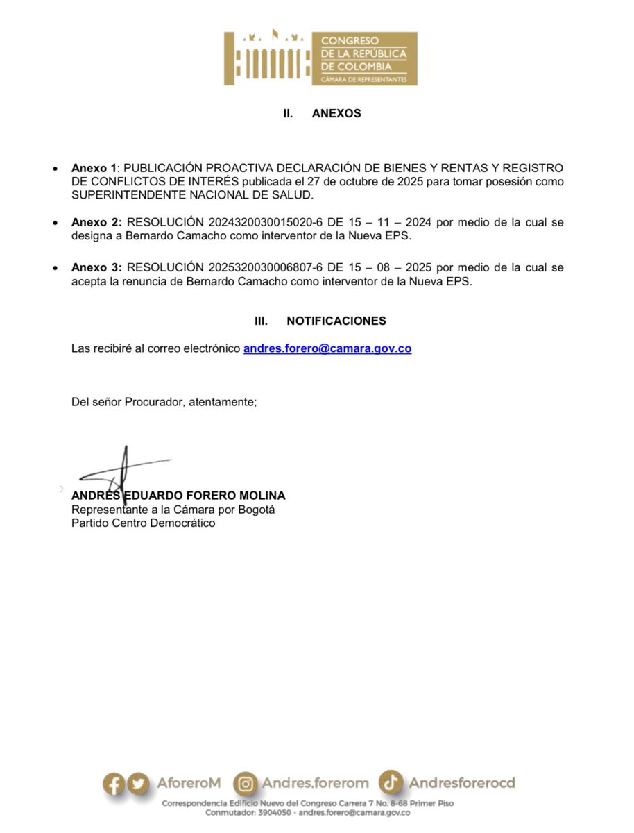 Ya radicamos un escrito ante la <a href="/PGN_COL/">Procuraduría General de la Nación</a> para que investigue una posible falta disciplinaria de <a href="/B_CamachoMD/">Bernardo Camacho</a> por no haber declarado que tiene un interés directo y no declararse impedido para conocer sobre sus actuaciones como interventor de Nueva EPS.