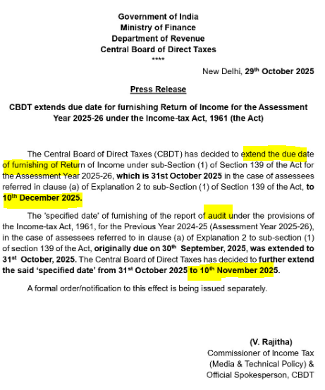 IndianTaxGuide's tweet image. TAXPAYERS&apos; DREAM UPDATE!

CBDT&apos;s got your back - ITR filing for AY 2025-26 now extended to Dec 10th ! 

Audit reports? Chill till Nov 10th ! 
#itrfiling #taxauditextension #Extend_Due_Date_Immediately #BREAKING #News