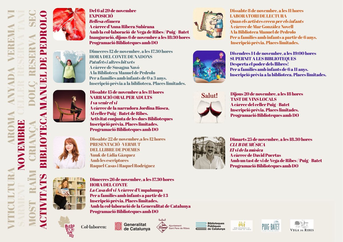 Activitats del mes de novembre a la Biblioteca Manuel de Pedrolo #spribes És el mes de #BibliotequesambDO, així que està farcit d'activitats relacionades amb el món del vi.