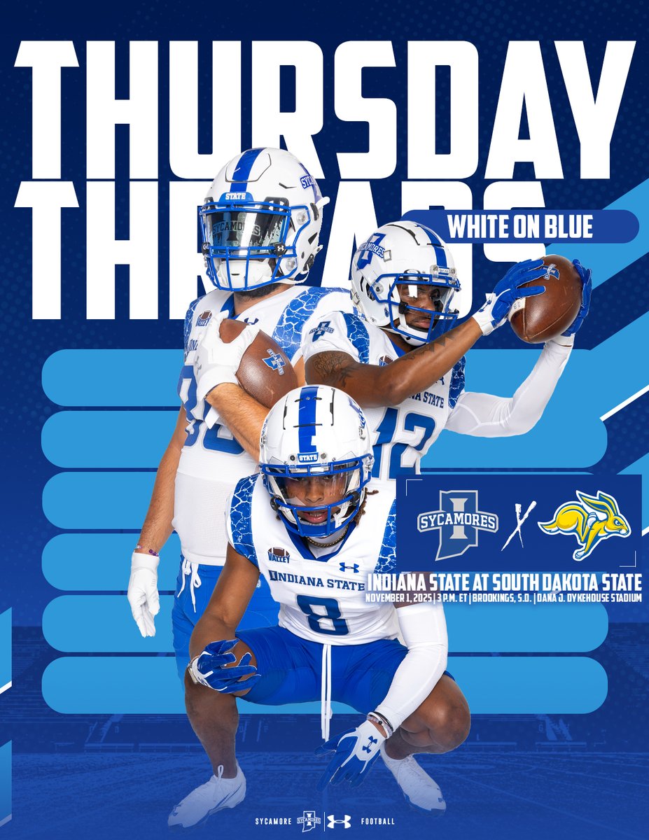 #ThursdayThreads

<a href="/INSTequipment/">Indiana State Equipment</a> sets up the Sycamores with the classic White on Blue look for this weekend's game at South Dakota State

#MarchOn | #LeaveNoDoubt