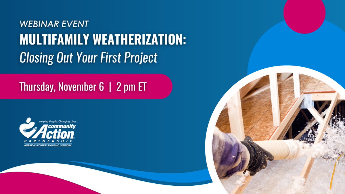 CAPartnership's tweet image. Join us Thursday, Nov. 6 for a webinar that will walk you through each stage of managing and closing out a multifamily #weatherization project, from establishing a realistic timeline and managing contractors to resident coordination and financial closeout. communityactionpartnership.com/event/multifam…