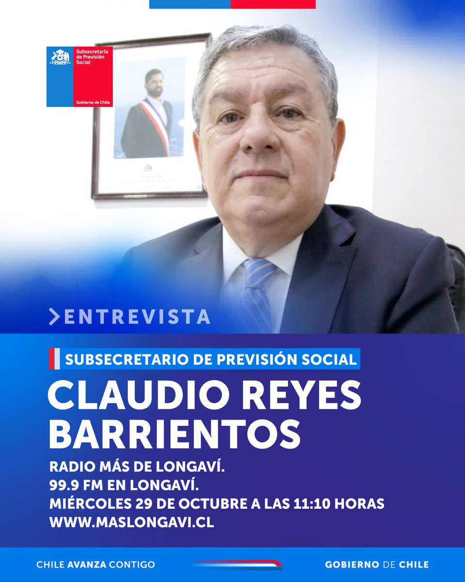Subsecretaría de Previsión Social (@previsionsocial) on Twitter photo AHORA ⏰11:10 | el subsecretario de Previsión Social, Claudio Reyes, conversará con radio🎙️Más de Longaví 99.9 FM sobre la implementación de la #ReformaDePensiones y cómo ya está  subiendo la pensión con el aumento de la PGU, el nuevo Seguro Social en enero 2026 y más. AHORA ⏰11:10 | el subsecretario de Previsión Social, Claudio Reyes, conversará con radio🎙️Más de Longaví 99.9 FM sobre la implementación de la #ReformaDePensiones y cómo ya está  subiendo la pensión con el aumento de la PGU, el nuevo Seguro Social en enero 2026 y más.