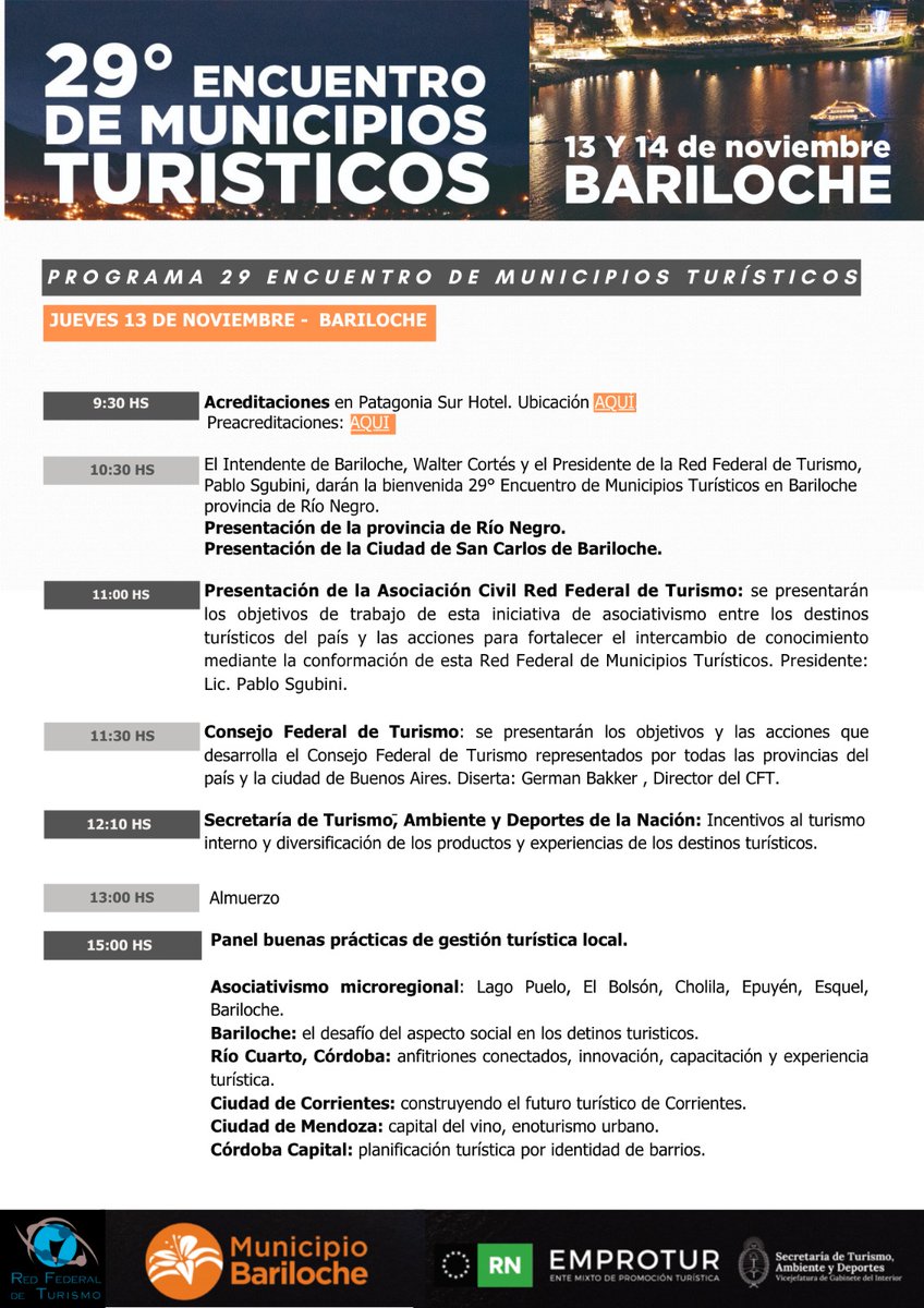 RedFederalTuris's tweet photo. 📍 Bariloche será sede del 29° Encuentro de Municipios Turísticos 🇦🇷
Referentes de todo el país se reunirán para debatir, capacitarse y compartir experiencias sobre desarrollo turístico sostenible.
Organiza la @RedFedTurismo 🌎
🗓️ Inscribite acá 👉 https://t.co/kWTfrRKNMq https://t.co/FRYTidDA2a