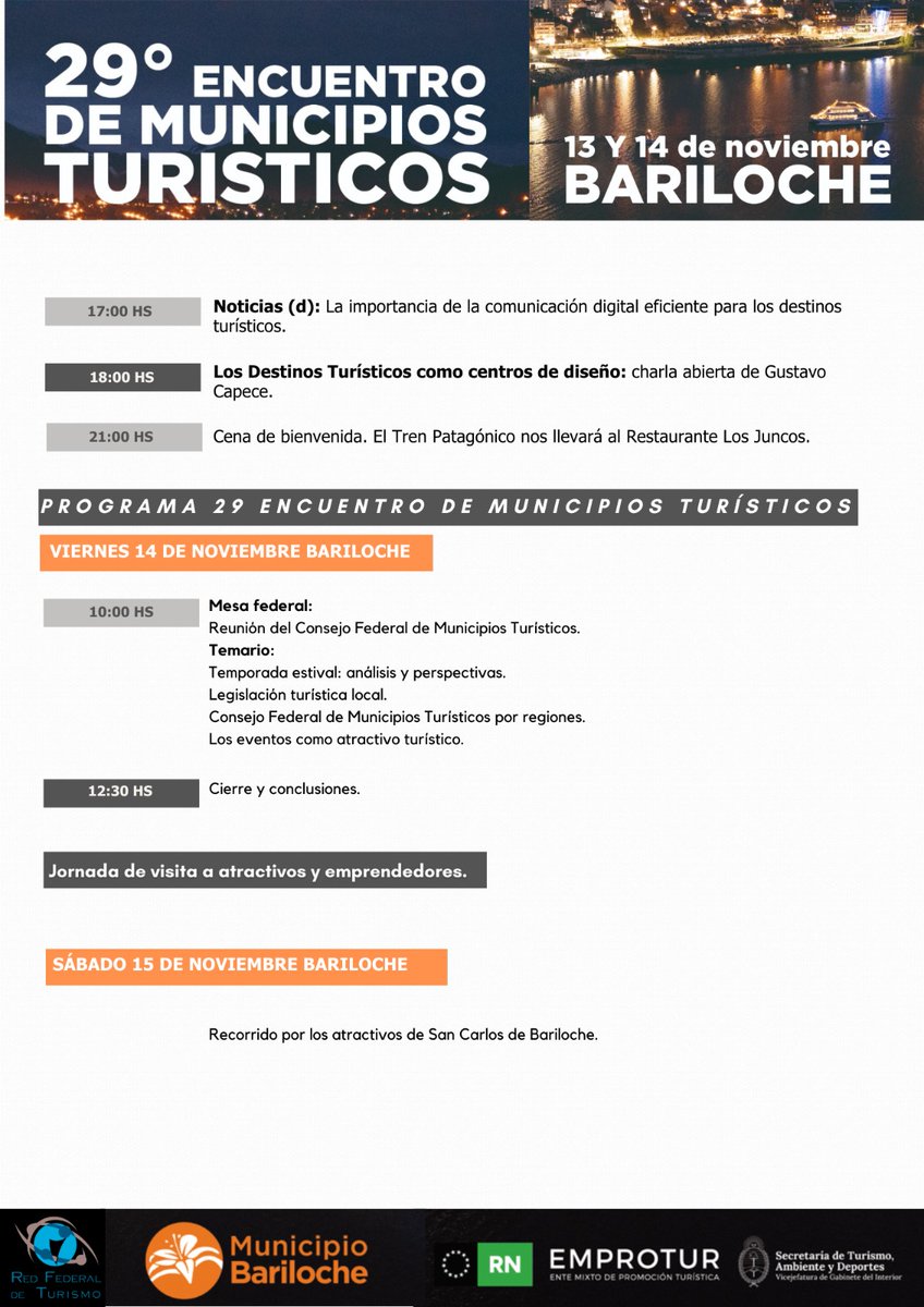 📍 Bariloche será sede del 29° Encuentro de Municipios Turísticos 🇦🇷
Referentes de todo el país se reunirán para debatir, capacitarse y compartir experiencias sobre desarrollo turístico sostenible.
Organiza la @RedFedTurismo 🌎
🗓️ Inscribite acá 👉 forms.gle/zhKYAFgwzMTi2X…