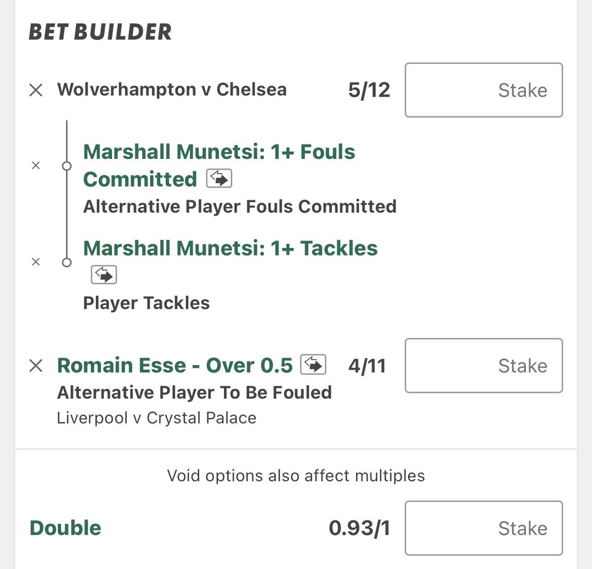 1.25u
Bet365 📖 

Munetsi foul + tackle and Esse foul won👀

Munetsi tackles with SS:
2,3,2,3,3,2,1,2,3,1,2,1,1,1,1,2,5

Munetsi fouls with SS:
3,1,3,2,3,3,2,0,2,2,2,2,2,1,3

Very very consistent stats for Munetsi and usually against Chelsea, teams have a real battle in midfield.