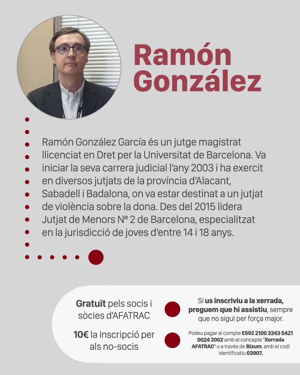 📣 Encara ets a temps!

🗣️ Inscriu-te a la xerrada d’AFATRAC “Aproximació a la justícia juvenil” amb Ramon González García, magistrat del Jutjat de Menors Nº 2 de Barcelona.

📅 5/11
🕑 19h
🌐 En línia

🔗 Inscripcions: afatrac.org/xerrades

#AFATRAC #JustíciaJuvenil #Famílies