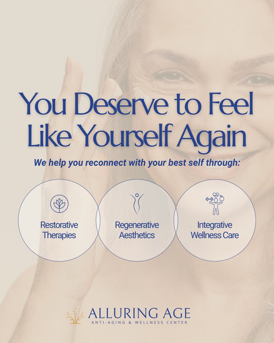 alluring_age's tweet photo. At Alluring Age, we blend science and care to help you feel balanced, energized, and renewed.

✨ Restorative Therapies
💫 Regenerative Aesthetics
🌿 Integrative Wellness Care

It’s not about change—it’s about feeling like your best self.

#AlluringAge https://t.co/LP4qCkgEvs