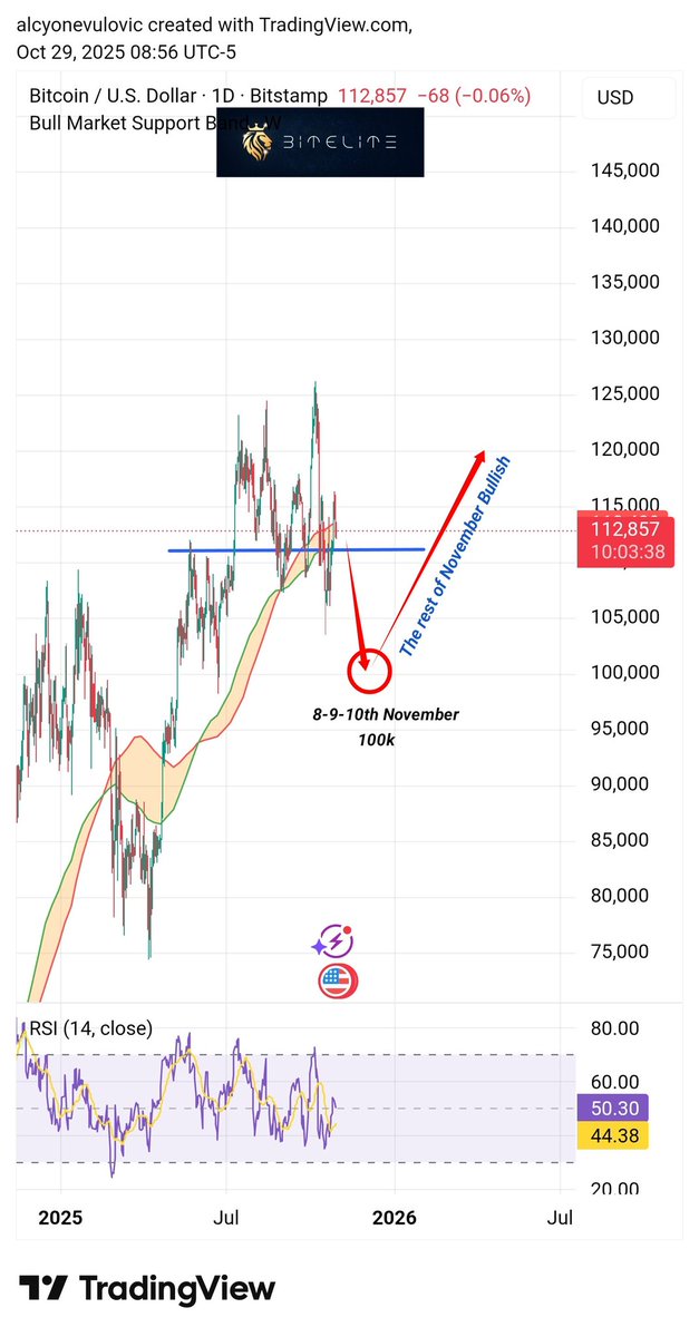 BitElite17's tweet image. MY PREDICTION:

BTC WILL DROP📉 UNTIL 8,9,10TH NOVEMBER AND WILL FALL TO ARROUND 100K 🌠🌠🌠

AFTER THAT EVERYTHIBG WILL RISE ESPECIALLY ALTS IN THE LAST SECOND 📈
This research has been done countless hours where i noticed fractals from 2023,2024,2025 all doing the same .

And…