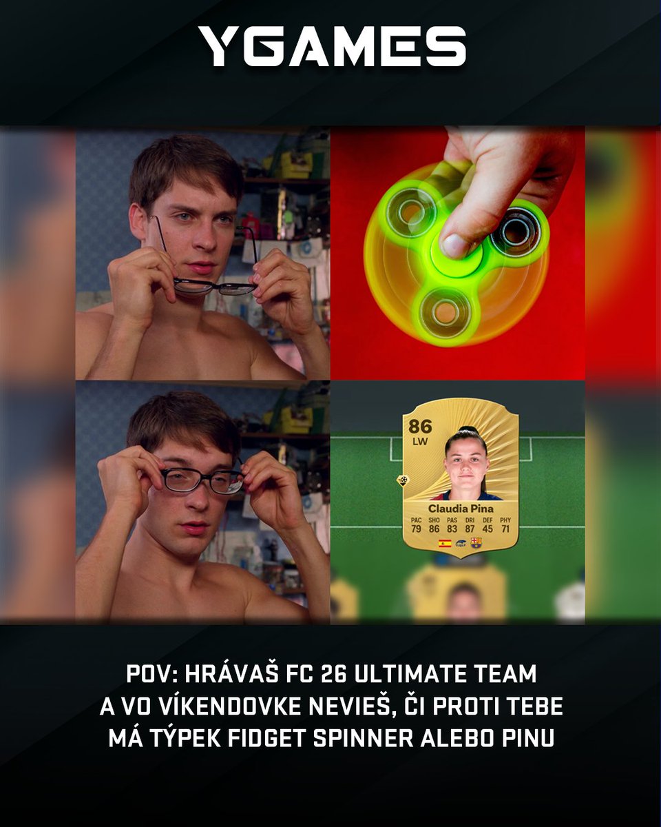 Ešte nikdy sme nevideli dávať fidget spinner takéto low driven shoty. 🙄

Ako to máš ty, robí ti Claudia takisto problémy 🎮 alebo naopak, je v tvojom tíme a robíš ňou tancuj, tancuj, vykrúcaj ostatným hráčom? 💃🕺😁

#ygames #meme #funny #content #fc26