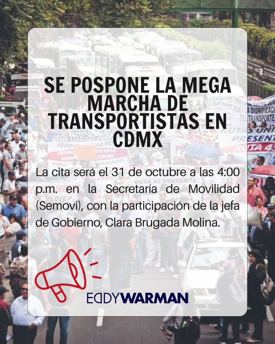 🚦 Se pospone la Mega Marcha de Transportistas en CDMX 🚧

Para este 29 de octubre, estaba previsto un mega bloqueo en distintos puntos de la Ciudad de México, pero la Fuerza Amplia de Transportistas (FAT) decidió posponerlo.

La razón: los transportistas tendrán una reunión con