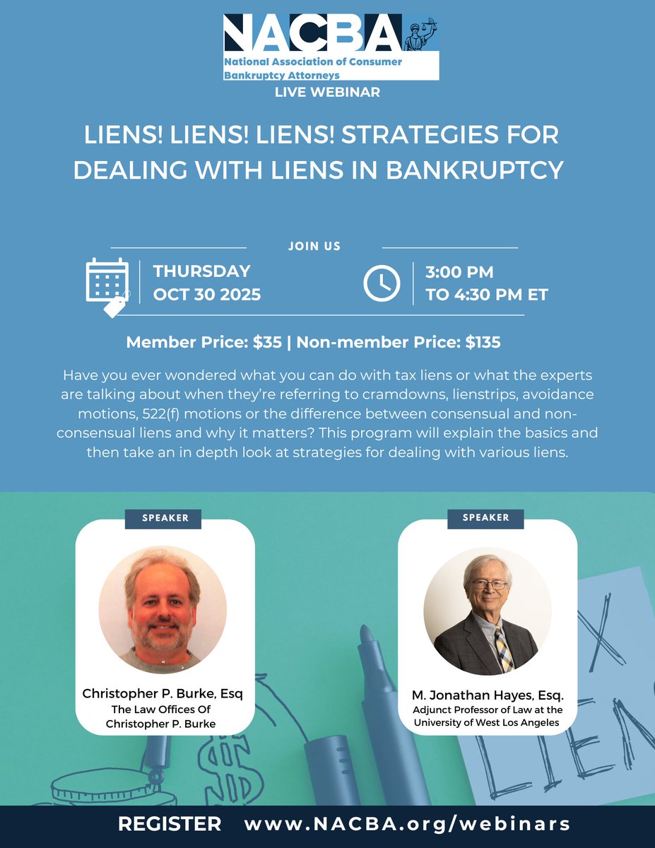 Join NACBA's live webinar TOMORROW! Register for "Liens! Liens! #Liens! Strategies for Dealing with Liens in #Bankruptcy". It starts at 3pm ET nacba.org/store/viewprod…  #NACBA