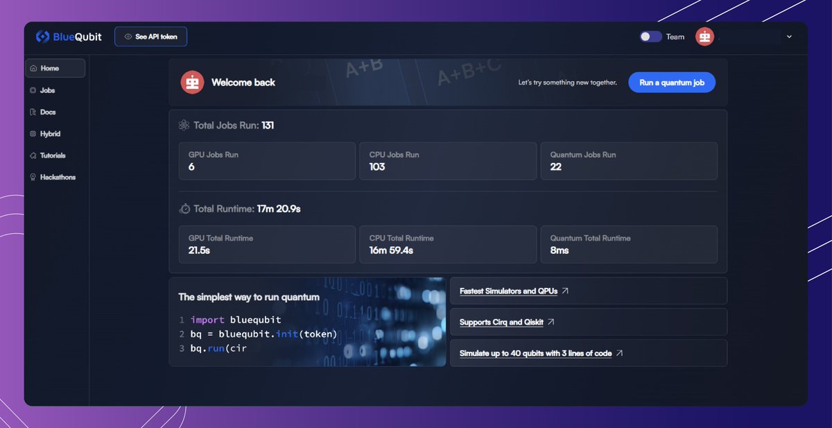 BlueQubitIO's tweet image. 🚀 We’ve upgraded our UI!
Try the new features and let us know your thoughts!
🔹 See stats on CPU, GPU, and QPU jobs.
🔹 Track total runtimes for each job type.
👉 Check it out now: app.bluequbit.io/?utm_source=x&amp;amp;…

#BlueQubit #QuantumComputing #TechUpdate #Innovation