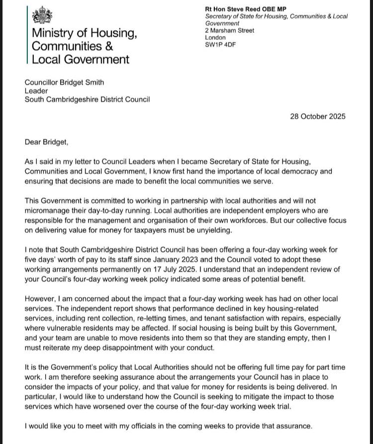 PhilRodgers's tweet photo. Leaked letter from government minister Steve Reed to South Cambs leader Bridget Smith about the council's four day working policy. https://t.co/8P2s9XYO1z https://t.co/GADCSz5Aoe