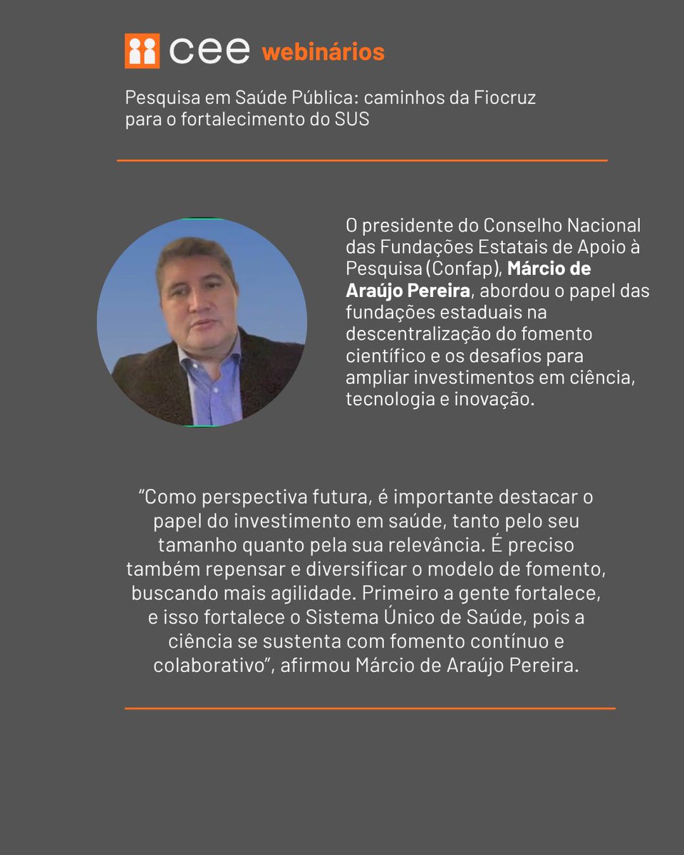 ASSISTA: Webinários CEE | Ep.01 - Fomento à pesquisa em Saúde no Brasil: perspectivas futuras 

Aqui: youtube.com/live/QteJEkuwZ…