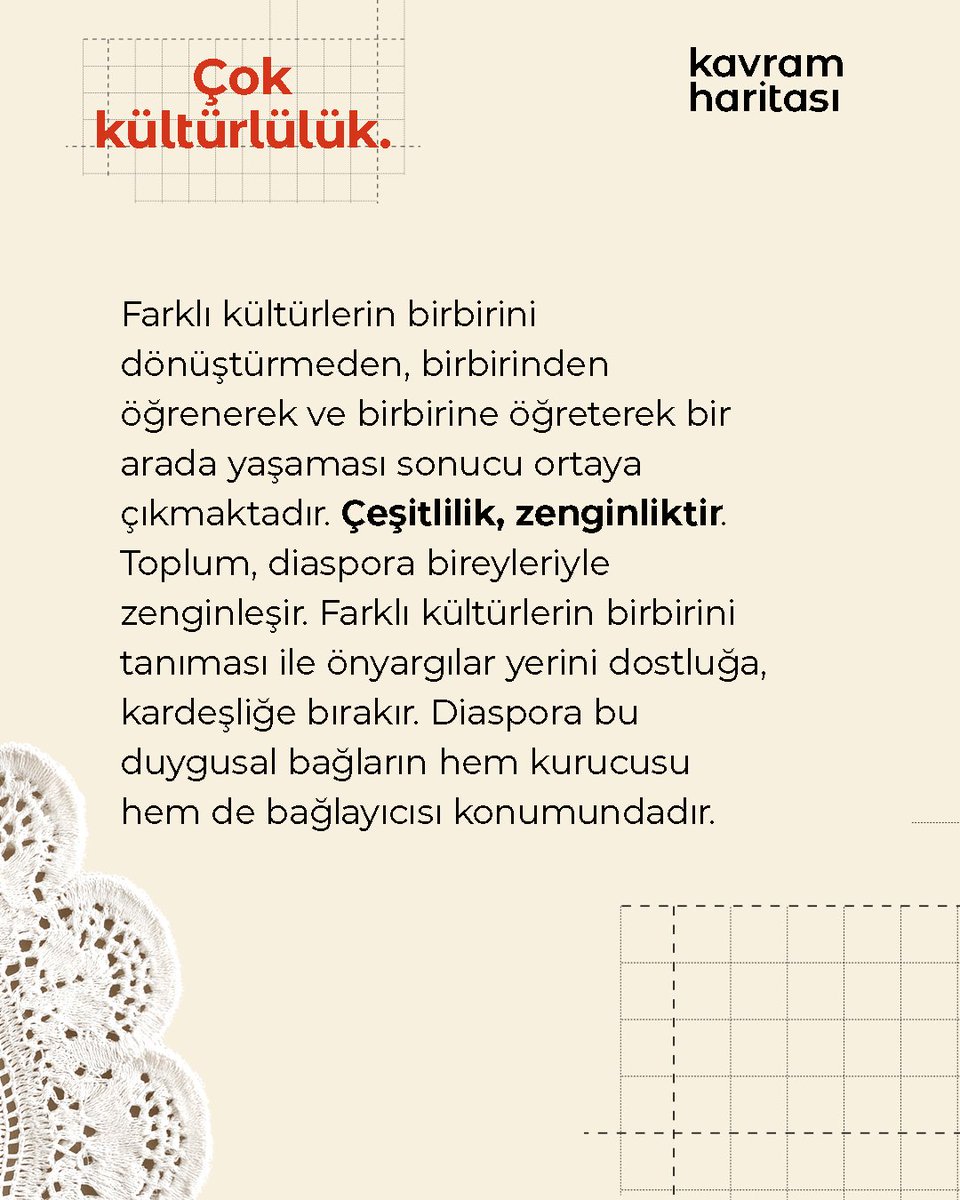 Çok kültürlülük (Multiculturalism)
"Farklı kültürlerin bir arada yaşadığı toplumlarda çeşitliliğin bir değer olarak kabul edilmesi."