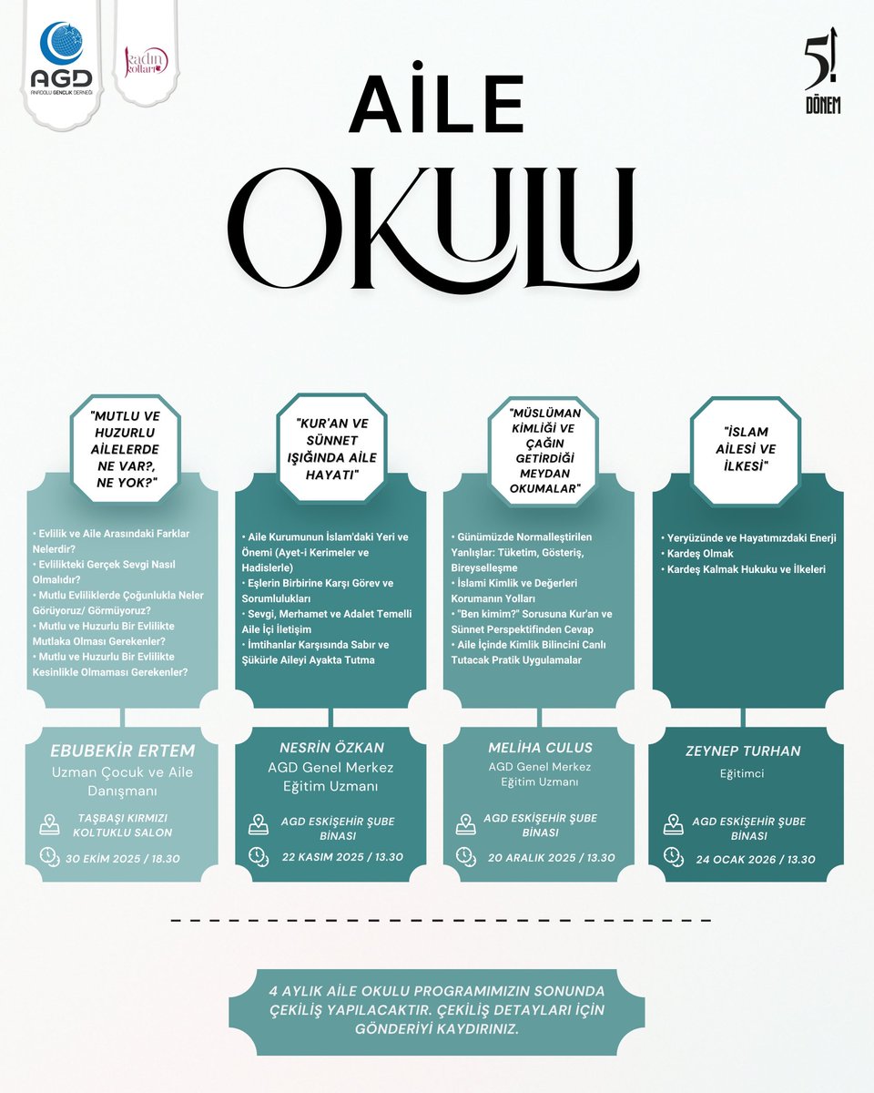 Eskişehir <a href="/agdkadinesk/">AGD Eskişehir Kadın Kolları</a> tarafından düzenlenen ve dört ay sürecek olan "Aile Okulu" programına katılmak üzere Eskişehir'de olacağım inşallah.

Müsait olanları beklerim😊

📌Detaylar <a href="/agdkadinesk/">AGD Eskişehir Kadın Kolları</a>