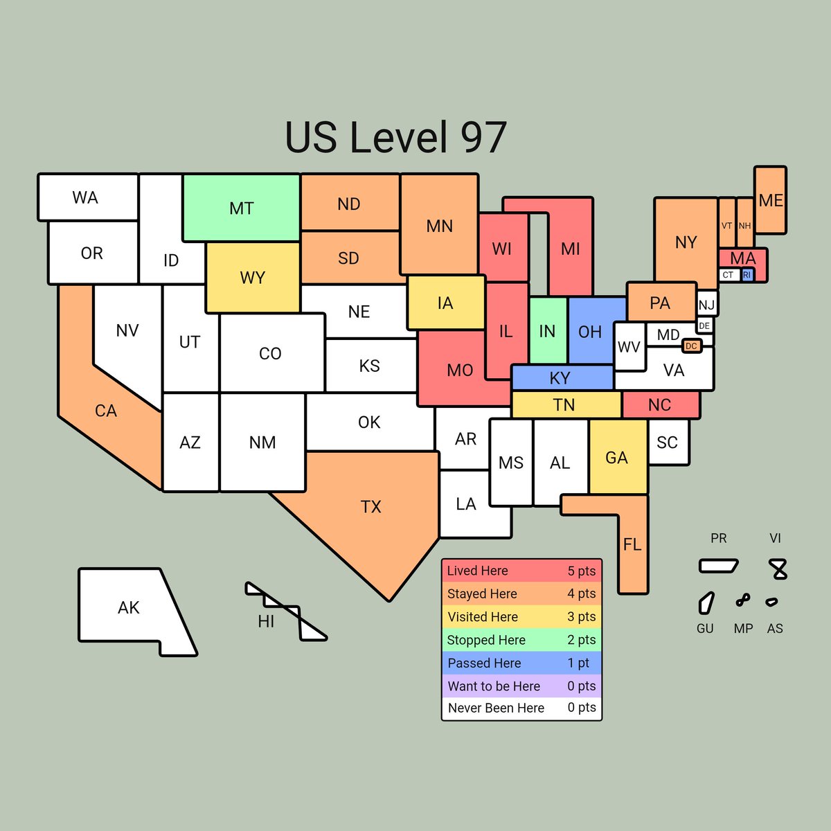 Pretty sure this is correct. I assume I'm missing either Maryland or Virginia but I'm not sure which