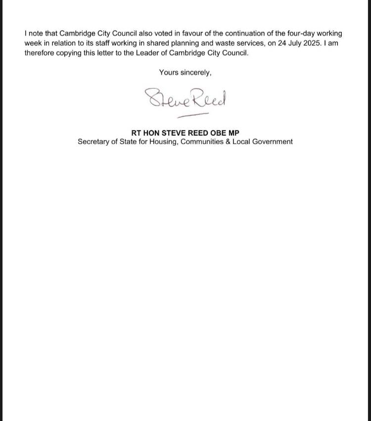 PhilRodgers's tweet photo. Leaked letter from government minister Steve Reed to South Cambs leader Bridget Smith about the council's four day working policy. https://t.co/8P2s9XYO1z https://t.co/GADCSz5Aoe