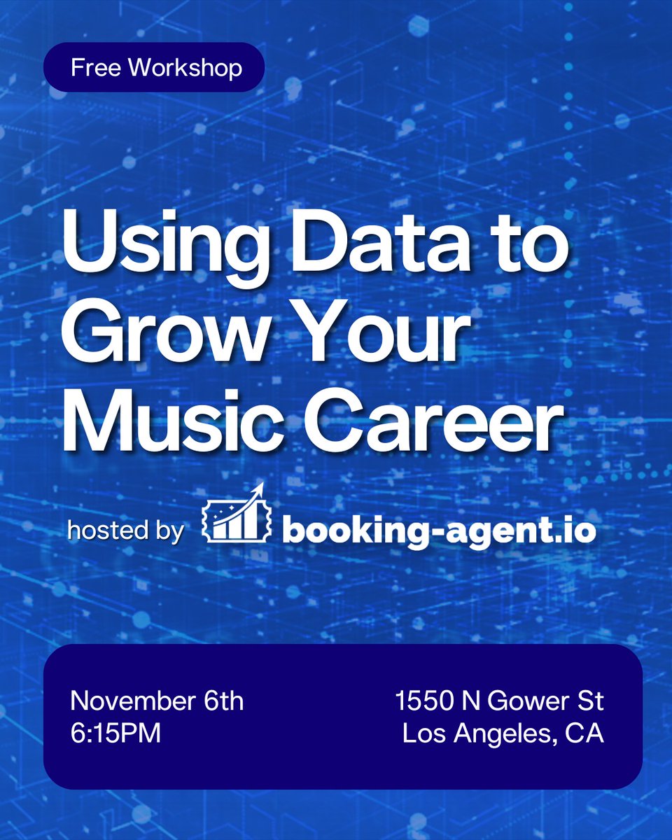 BookingAgentio's tweet image. Free Workshop in partnership with @IOMusicAcademy 🎵📈

Learn how to use real-time data and smart strategies to book your own shows, get on playlists, and secure radio airplay.💿

🗓️ Thu Nov 06, 2025
⏰ 6:15 PM
📍 1550 N Gower St, Los Angeles