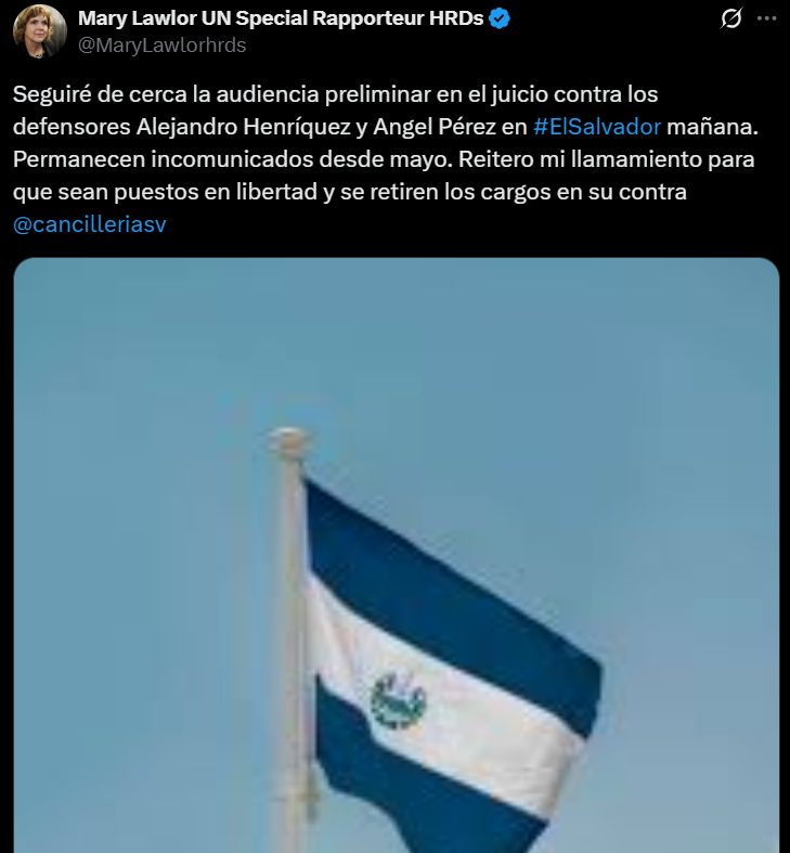 #DerechosHumanos| La relatora especial de la ONU, Mary Lawlor, expresó en su cuenta de X que dará seguimiento a la audiencia contra los defensores Alejandro Henríquez y José Ángel Pérez. Además, hizo un llamado a que sean liberados y se retiren los cargos en su contra.