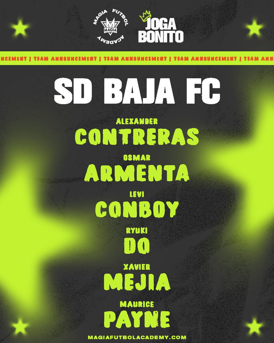 JOGA Bonito | 3 V 3 | Championship Day

SD Baja FC confirmed and set to compete in the Flamenco division November 16th, 2025 somewhere in Southern California!