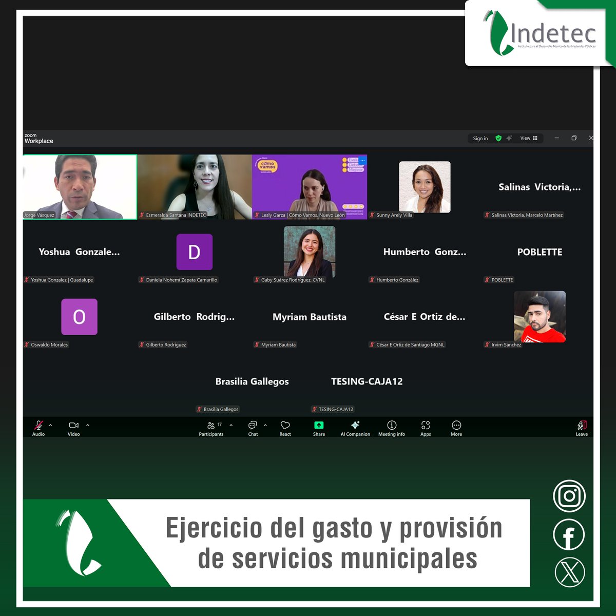 INDETEC impartiendo webinar "Ejercicio del gasto y provisión de servicios municipales" en colaboración con el Consejo de Nuevo León. 28 de octubre de 2025