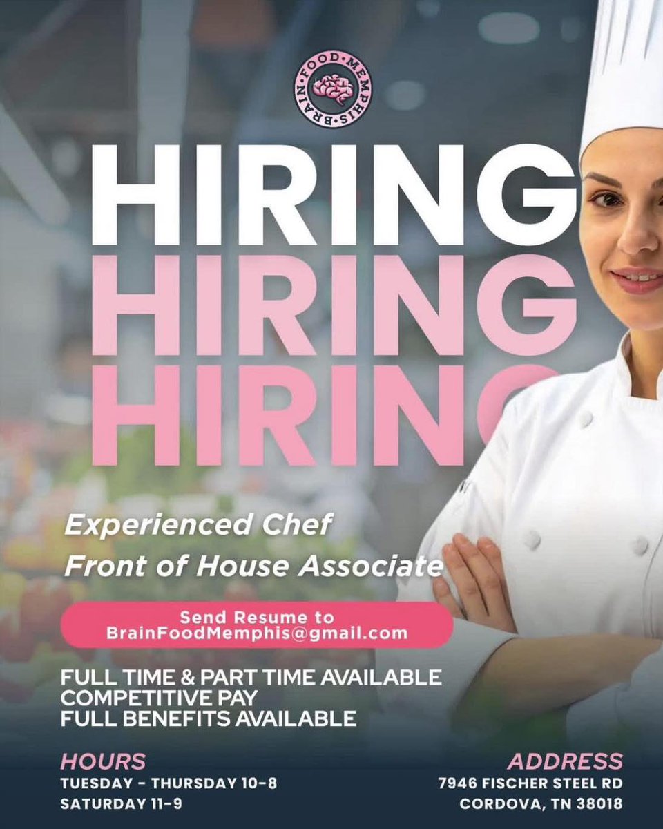 📷BrainFood Memphis is Hiring!
Brain Food Memphis is searching for passionate, competitive, and experienced chefs to join its dynamic culinary team!

📷Interested applicants can email ChefRay@brainfoodmemphis.com to learn more or apply today.
#BrainFoodMemphis #ChefLife #hiring