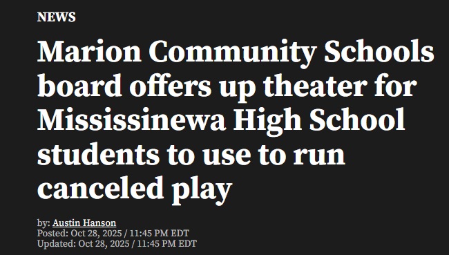 As a follow-up to our story yesterday: 

“At a meeting of the MCS Board of Trustees on Tuesday, members of the board introduced a motion to offer the MHS students a chance to use an MCS auditorium for one of their plays.” bit.ly/MHSPlayReplace… #INFREADOM #JoinTheMovement