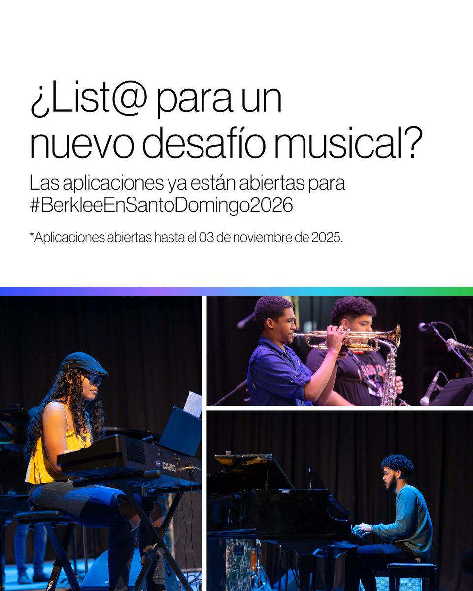 🌟 Tu pasión puede ser el inicio de una gran historia. #BerkleeEnSantoDomingo2026 te invita a formarte, conectar y crecer junto a otros jóvenes que comparten el mismo sueño musical.
🎶 Aplica antes del 3 de noviembre.
📩 berklee.edu/berkleeonthero…