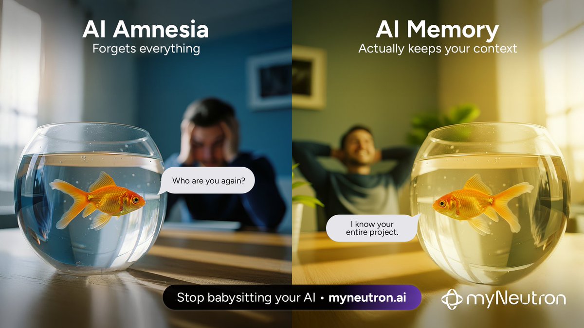 myNeutron_ai's tweet image. AI has the memory of a goldfish. You&apos;re wasting your brain power teaching it the same things over and over.

Close the tab. Everything&apos;s gone.
Start a new chat. Completely blank.

Switch to a different AI tool. It knows nothing about you.
You teach it the same background multiple…