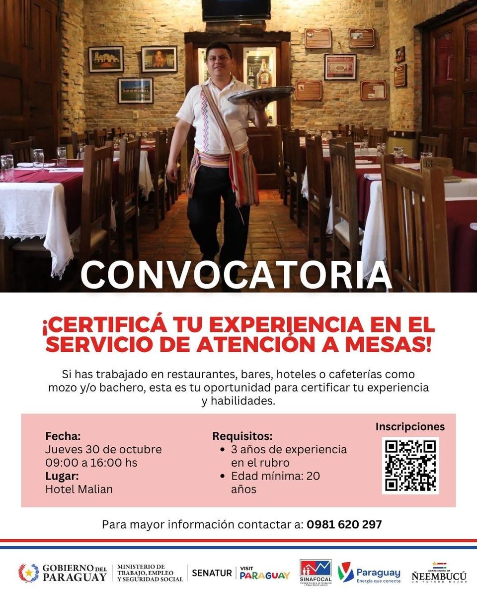 MTESS_PY's tweet image. Certificación de competencias laborales en Ñeembucú
A través del @Sinafocal, y en conjunto con la @Senatur_Py, invitamos a las personas con experiencia laboral como mozos o mozas a certificar oficialmente sus competencias.
Si tenés experiencia en el rubro, esta es tu…