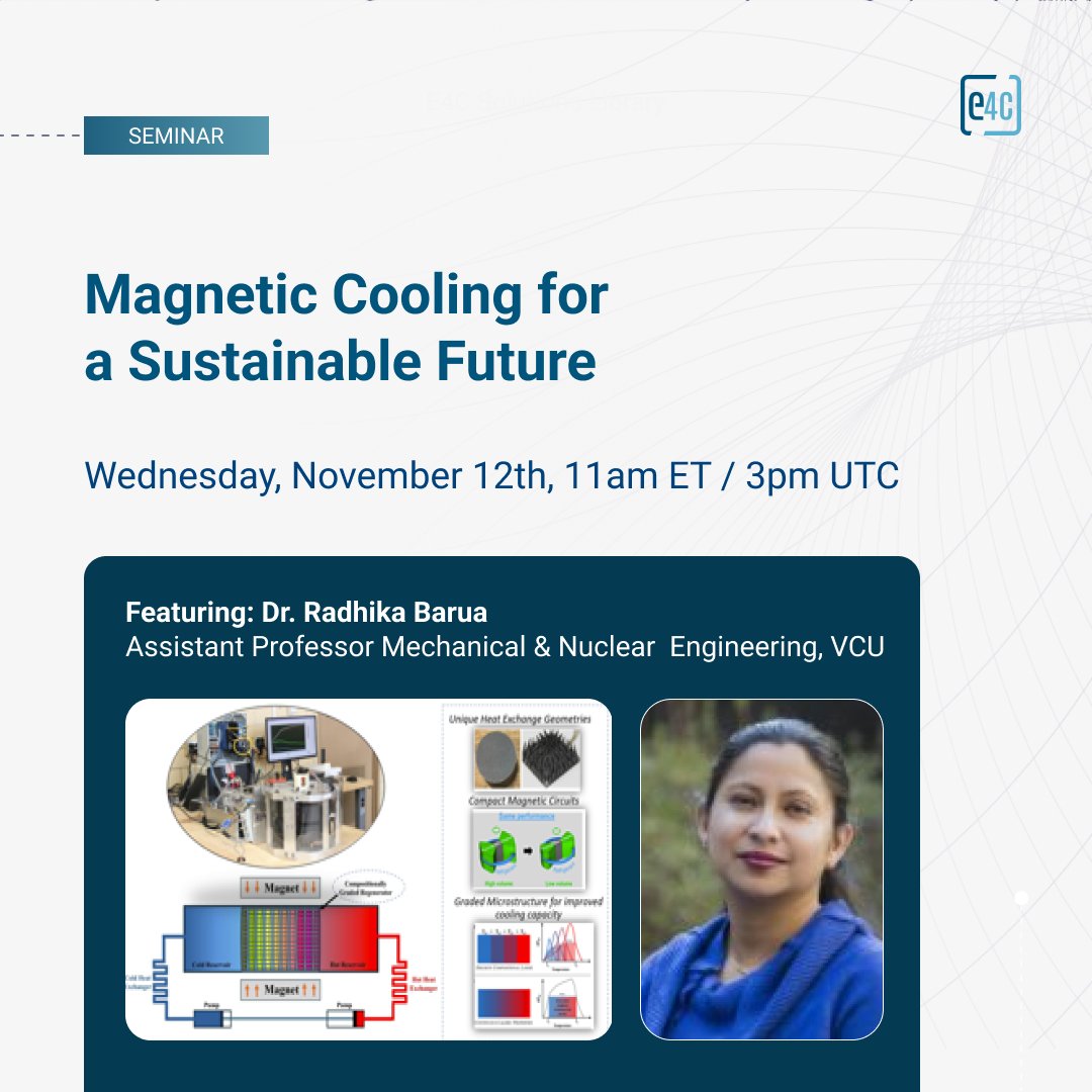 engineer4change's tweet image. Join us for the next E4C seminar with Dr. Radhika Barua @VCU presenting research on solid-state cooling using magnetic materials. Moderated by Dr. Jesse Austin-Breneman @OlinCollege

📅 Nov 12th | 11am ET / 3pm UTC
🔗engineeringforchange.org/webinars/magne…

#SustainableCooling #ClimateTech