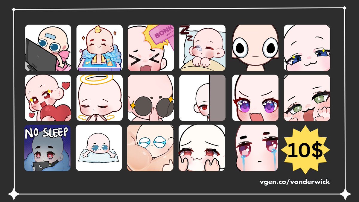 any vtubers want a free emote🥺 I'll choose one lucky person and you can choose whatever emote you want (only one emote) repost and like this post to join! 

pay to win : you can get these emote for 5-15usd on vgen!