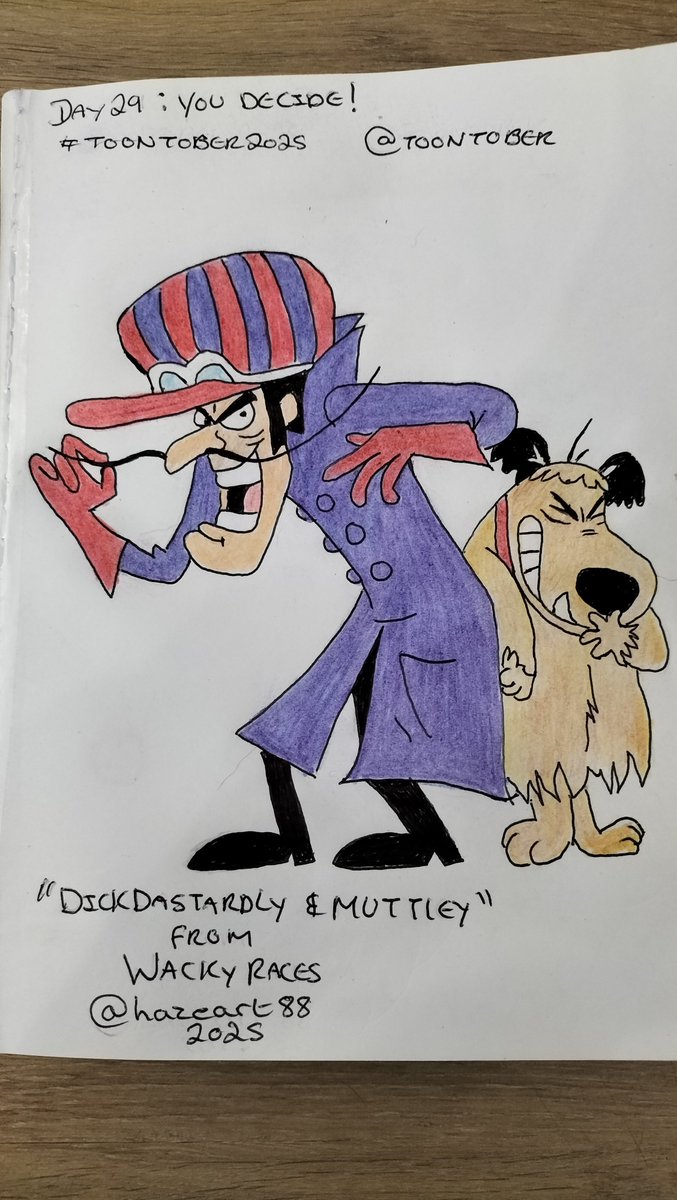 HazeArt88's tweet photo. TOONTOBER! Day 29: you decide! today I decided to sketch Dick Dastardly and Muttley from Wack races 😁
@toontober
#Toontober2025 #toontober2025 #Toontober
#wackyraces #dickdastardly #muttley #wackyracesfanart https://t.co/wFhx7ue65x