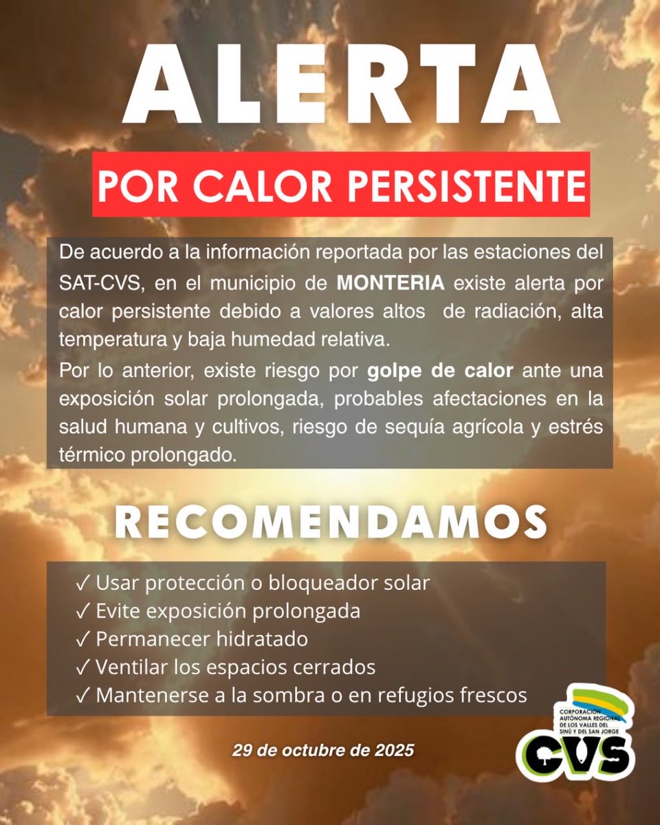 ☀️🌡⛱ #ALERTACVS Riesgo por golpe de calor en Montería ante condiciones de alta radiación, alta temperatura y baja humedad relativa. 

Siga las recomendaciones ⬇️