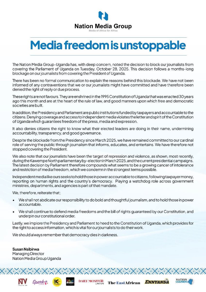 Nation Media; the only remaining bold media company fighting for press freedoms of hypocritical Uganda media.

On April 30, 2019, <a href="/UCC_Official/">UCC</a> suspended 39 journalists for covering <a href="/HEBobiwine/">BOBI WINE</a>, who had been arrested, subsequently detained on April 29

facebook.com/share/p/1BNWch…