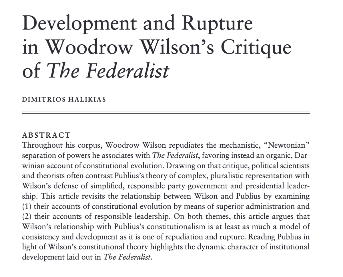 Great piece in the new American Political Thought by <a href="/DHalikias/">Dimitri Halikias</a>, probing the relationship between Publius and Wilson and elaborating The Federalist's dynamic account of institutional development.