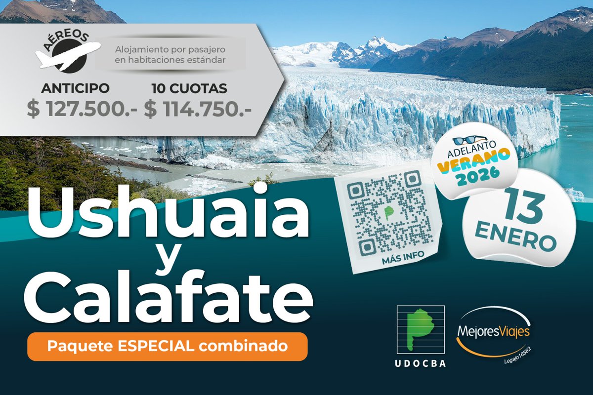 udocbacentral's tweet photo. ¡VACACIONES DE VERANO CON UDOCBA TURISMO!
☀️Escapate a destinos increíbles con precios exclusivos para afiliadas y afiliados

Destinos imperdibles en ✈️
Bariloche
Ushuaia y Calafate
Salta 

Para más información, escaneá el QR 📲. https://t.co/zvyctXEo7v