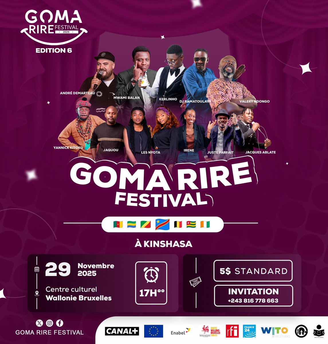 goma_rire_fest's tweet photo. ‼️ #Kinshasa c’est ton moment ! Ils sont là, nous les avons choisis minutieusement rien que pour vous 😉

Venez RIRE avec nous au grand gala le 29 Novembre 2025 au centre Wallonie Bruxelles à Kinshasa 

Partagez au max !

#GomaRireFestival #SotePamoja https://t.co/1Sc4lZd6Wl