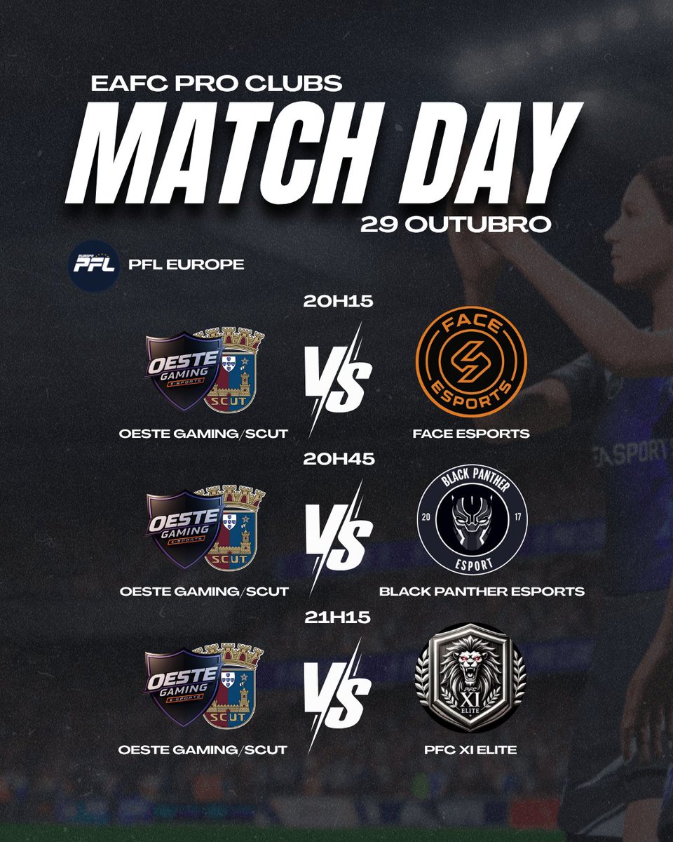 ⚽️🎮 MATCH DAY 29 de outubro

<a href="/OfficialPFL_/">PFL</a> 
<a href="/ThePFLEurope/">PFL Europe</a> 

<a href="/_faceesports/">FACE ESPORTS</a> 🤝
<a href="/BPantheres/">Black Panther eSports</a> 🤝
<a href="/xi_elitee/">PFC XI ELITE</a> 🤝

Born to play. Built to win.🏆