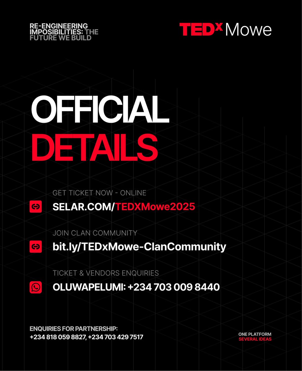 tedxmowe1's tweet image. 30 Days to Go 🚀
The countdown to TEDxMowe officially begins. In just one month, we’ll gather to exchange transformative ideas, amplify local voices, and reimagine possibilities
🎟️ Secure your seat today
#TEDxMowe #TheFutureWeBuild #ReEngineeringImpossibilities