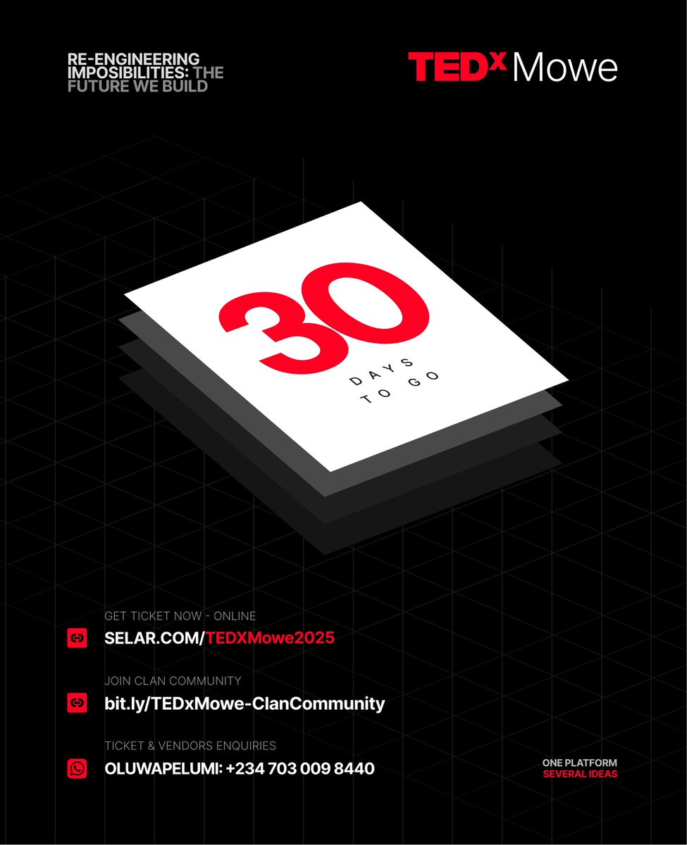 tedxmowe1's tweet image. 30 Days to Go 🚀
The countdown to TEDxMowe officially begins. In just one month, we’ll gather to exchange transformative ideas, amplify local voices, and reimagine possibilities
🎟️ Secure your seat today
#TEDxMowe #TheFutureWeBuild #ReEngineeringImpossibilities