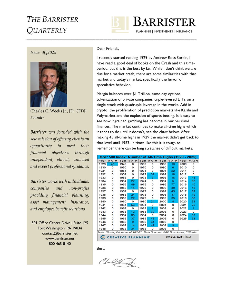 BarristerWealth's tweet photo. In this Barrister Quarterly for the 3rd quarter of 2025 @BarristerWealth Founder, @CharlesCWeeksJ1 JD, CFP®, discusses what similarities this market has to 1929. https://t.co/WxeEIcLItJ