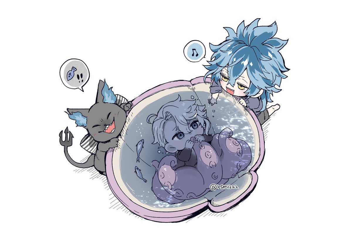 rsm1222's tweet photo. イデアズ+グリ ⚠️幼児化
人魚の稚魚🐙ちゃんの子守りをする幼💀くんと魚に釣られる🐱 https://t.co/OIawkJx6Ct