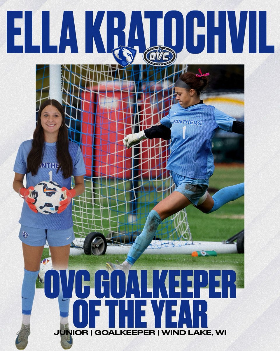 𝗢𝗩𝗖 𝗚𝗢𝗔𝗟𝗞𝗘𝗘𝗣𝗘𝗥 𝗢𝗙 𝗧𝗛𝗘 𝗬𝗘𝗔𝗥 -𝗘𝗟𝗟𝗔 𝗞𝗥𝗔𝗧𝗢𝗖𝗛𝗩𝗜𝗟

✅Led the OVC in goals against average at 0.556 
✅2nd in saves with 36
✅Led the OVC with five shutouts 
✅ 14 Career shutouts puts her at 4th on the EIU career list
✅ 1 Assist at Valpo